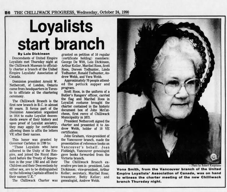 Loyalists Start Branch, by Lois Dickinson (Oct. 24 1990) CLICK TO ENLARGE